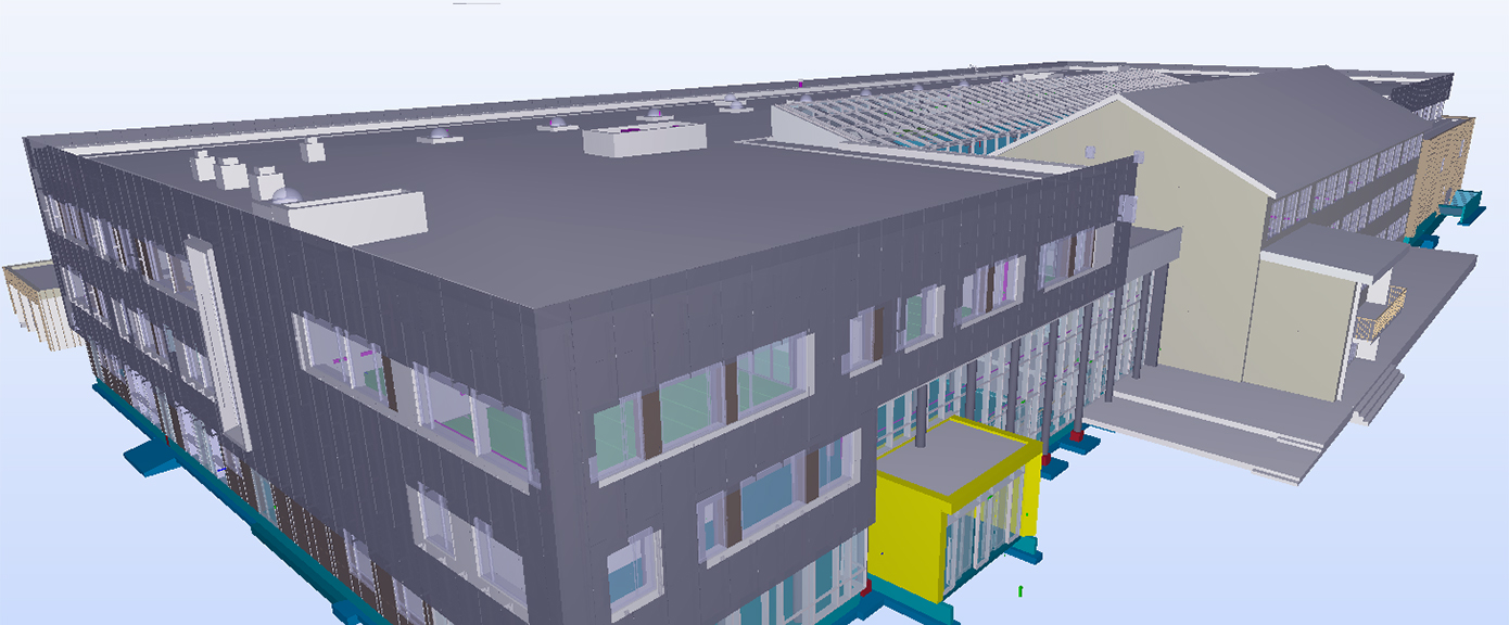 Fasade hovedinngang eksisterende bygg og flerbrukshall | 3D: Multiconsult