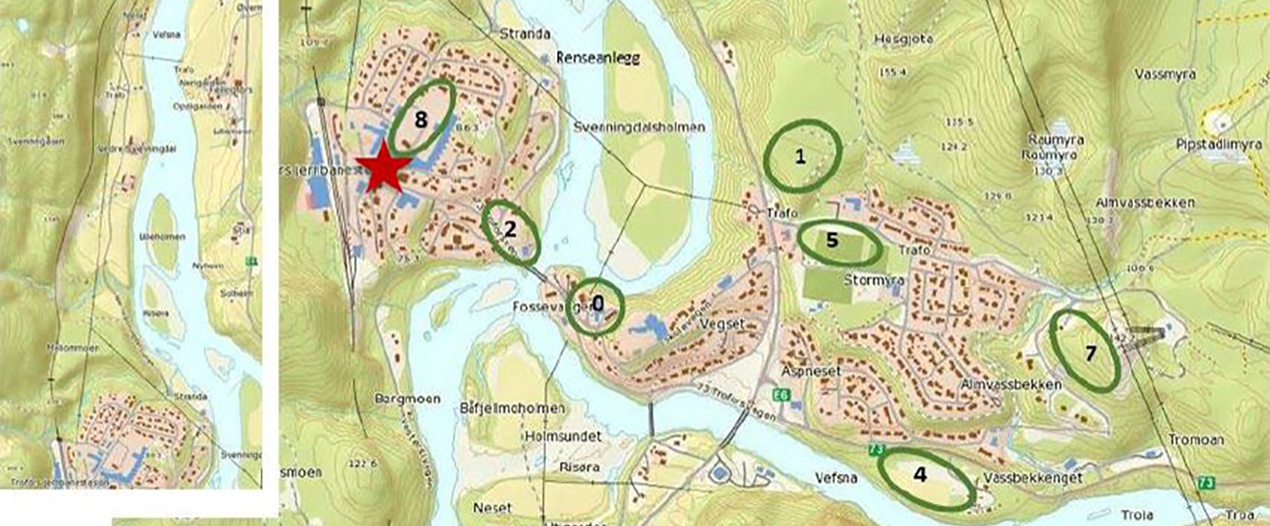 Noen av tomtealternativene. Dagens sentrum er vist med rød stjerne | Illustrasjon: Multiconsult/Norgeskart