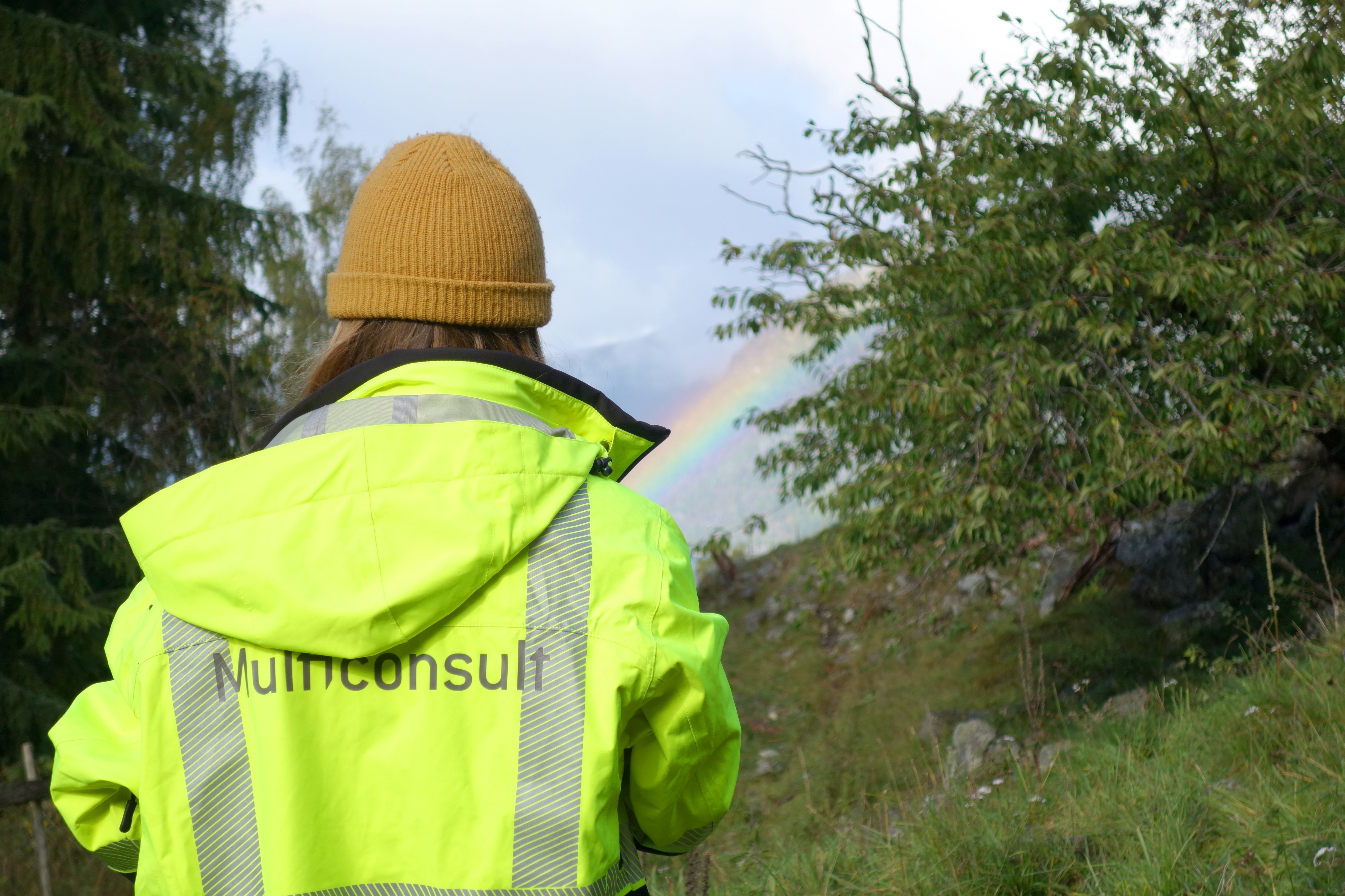 Medarbeider i gult vernetøy på befaring i landskap