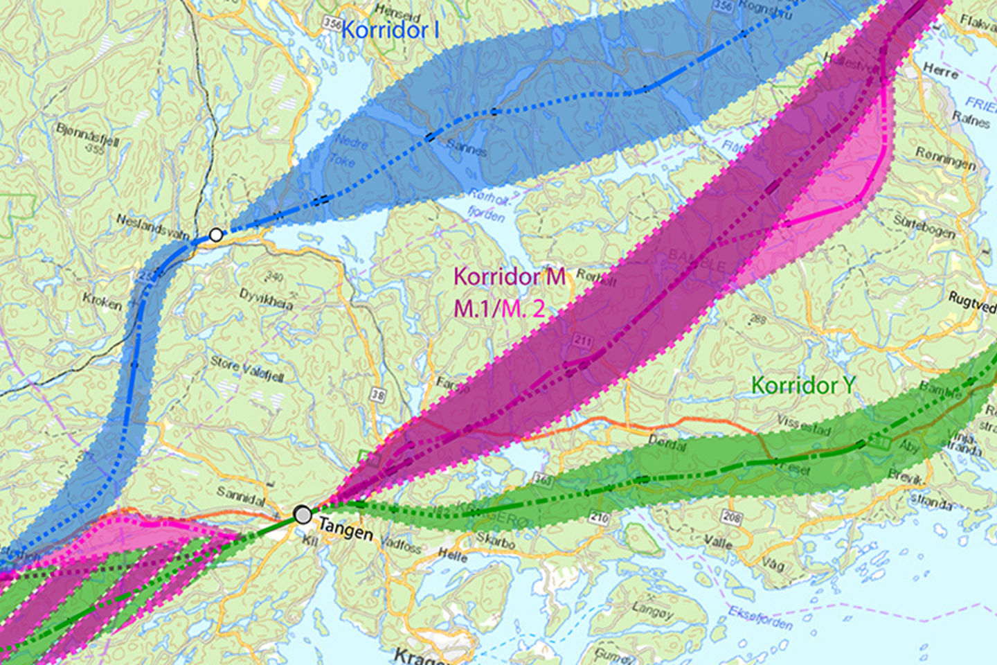 Mulige traseer for Grenlandsbanen| Konseptvalgutredningen | Illustrasjon: Multiconsult