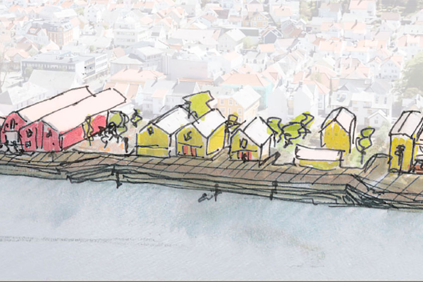 Illustrasjon av foreslått trasévalg med en sammenhengende promenade foran bebyggelsen. Promenadens