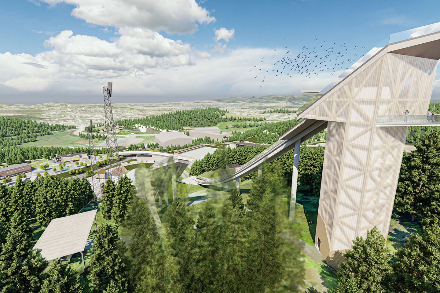Granåsen idrettspark i Trondheim får blant annet nye hoppbakker. | Illustrasjon Asplan Viak